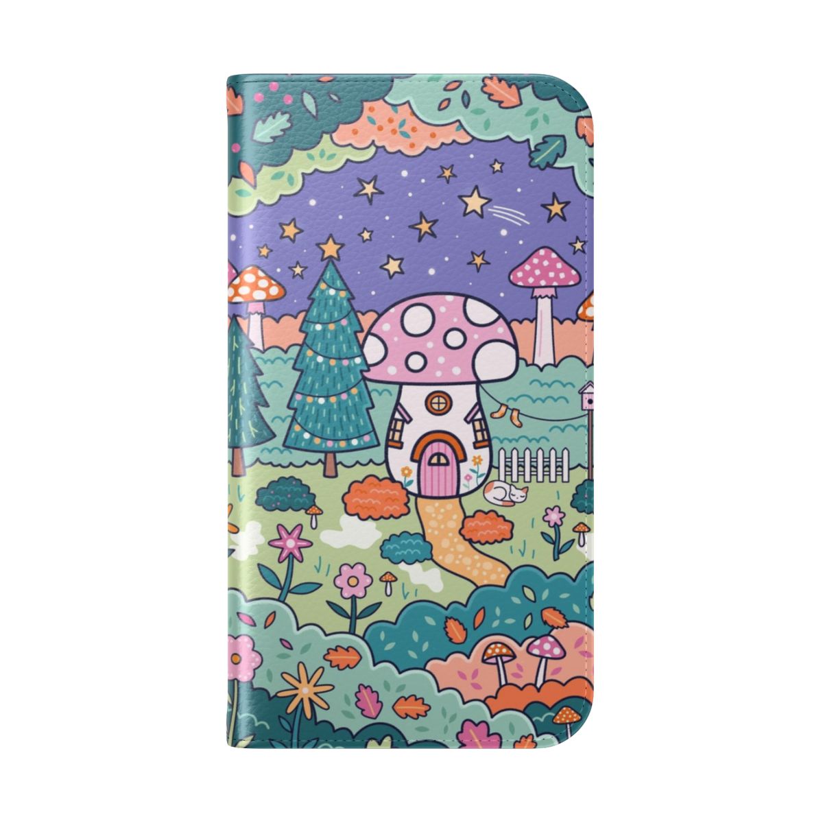 A whimsical flip phone case featuring a mushroom cottage design with stars, trees, and a cozy woodland scene. - Folded Back