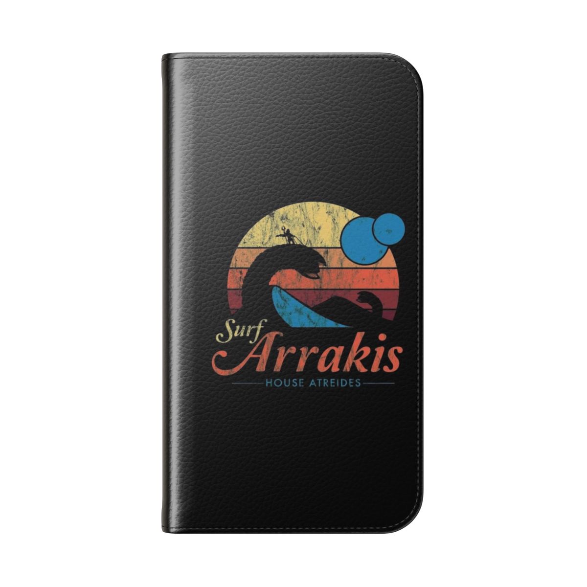 Vintage-style distressed phone case with Dune-inspired sci-fi and surf design - Folded Back