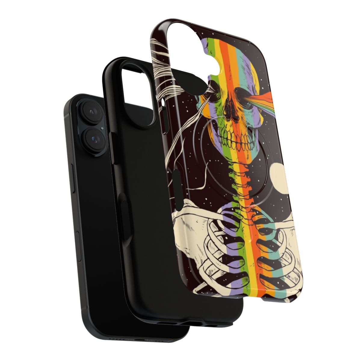 A surreal dark space art phone case featuring a skeleton and galaxy design - Layers