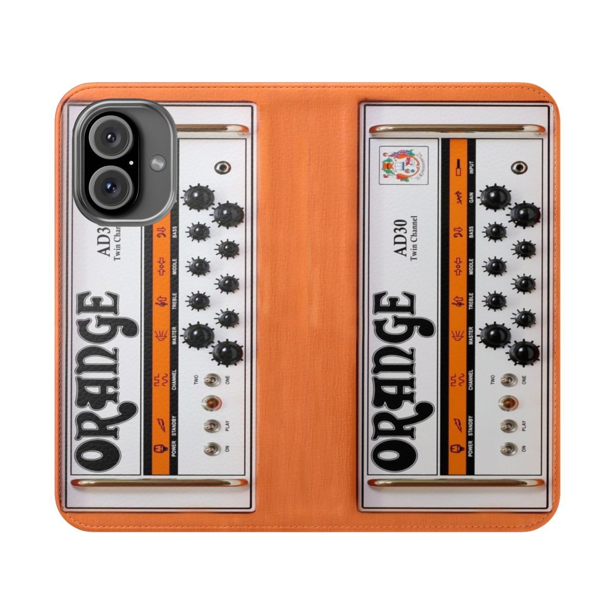 Orange retro-style phone case with graphics resembling a classic guitar amplifier