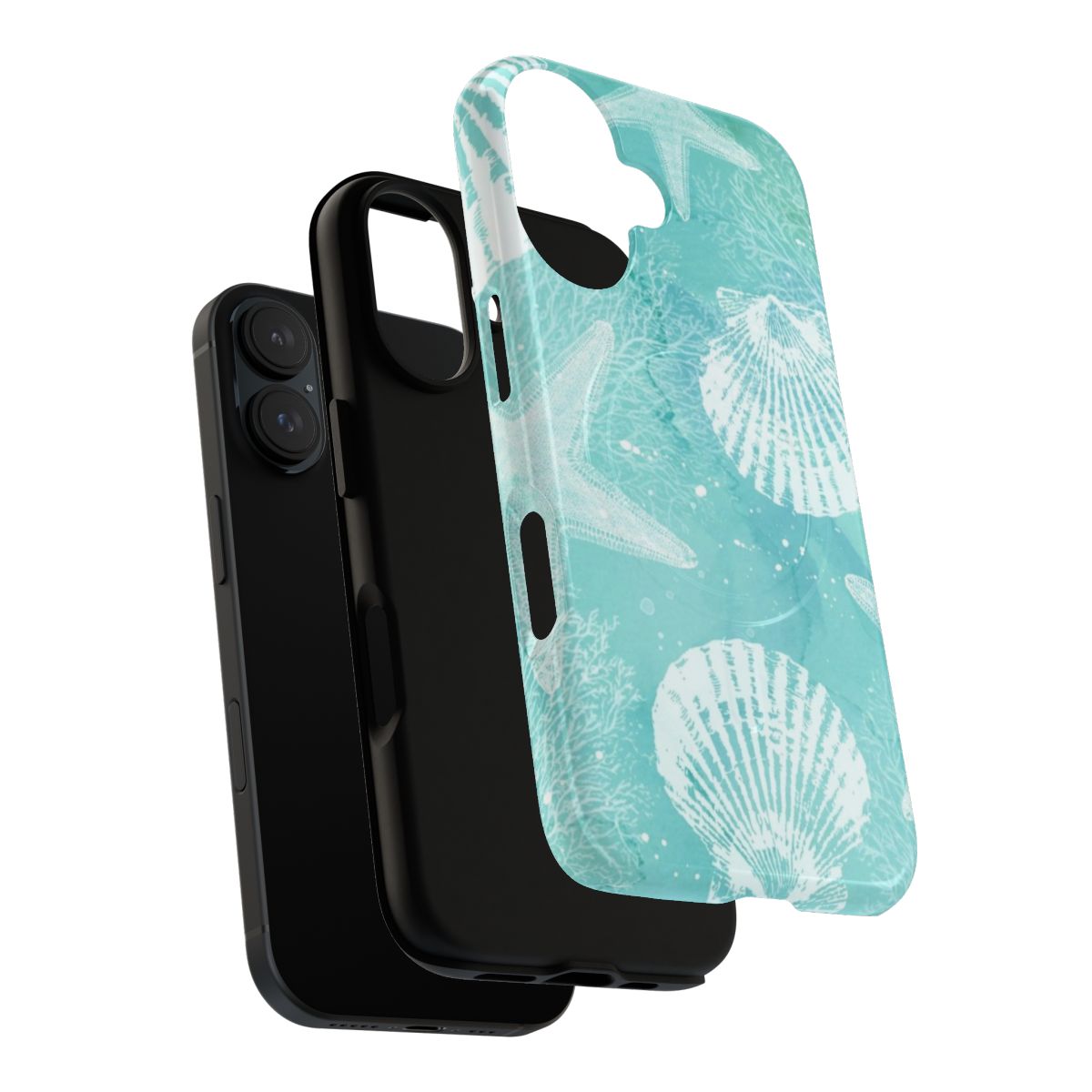 Coastal-inspired magnetic phone case with starfish, seashells, and turquoise/aqua design - Layers