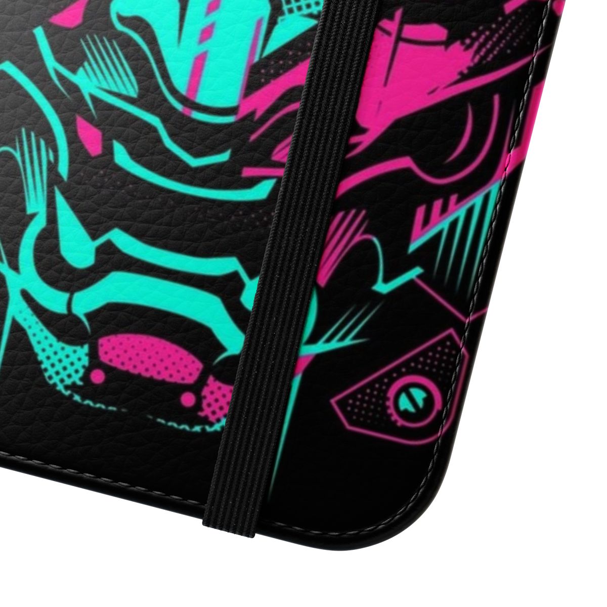 Cyberpunk-inspired phone case cover with neon glitch and oni demon design - Close Up