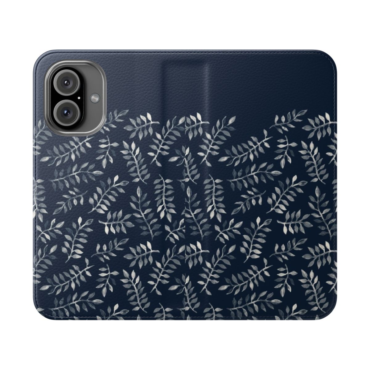 Navy blue flip phone case with hand painted white leaf pattern