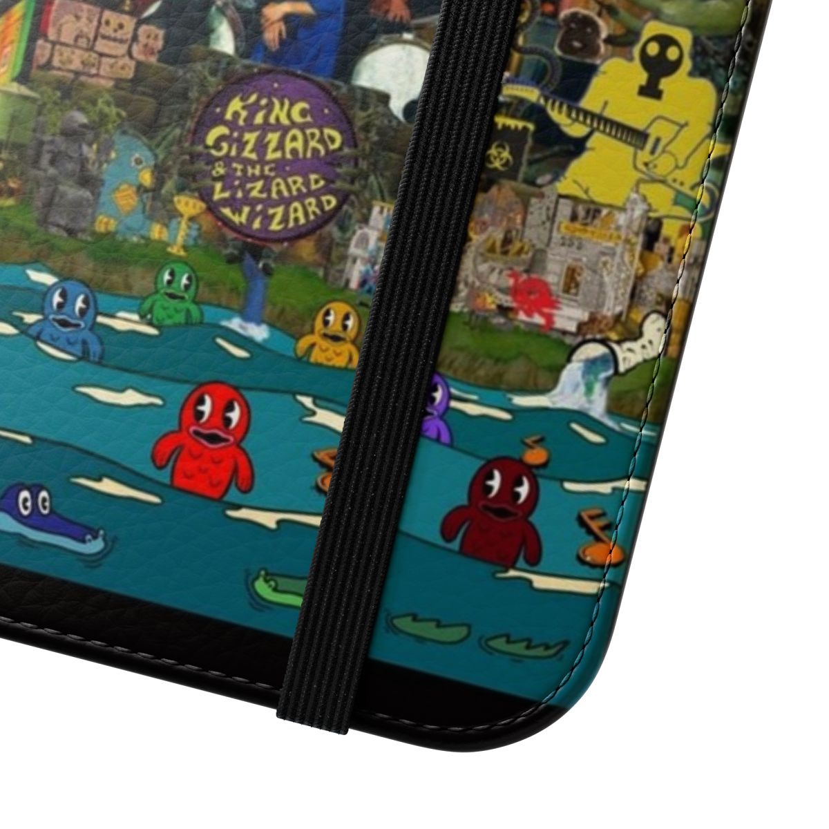 A flip cover phone case featuring a collage of artwork inspired by the music of King Gizzard and the Lizard Wizard. - Close Up