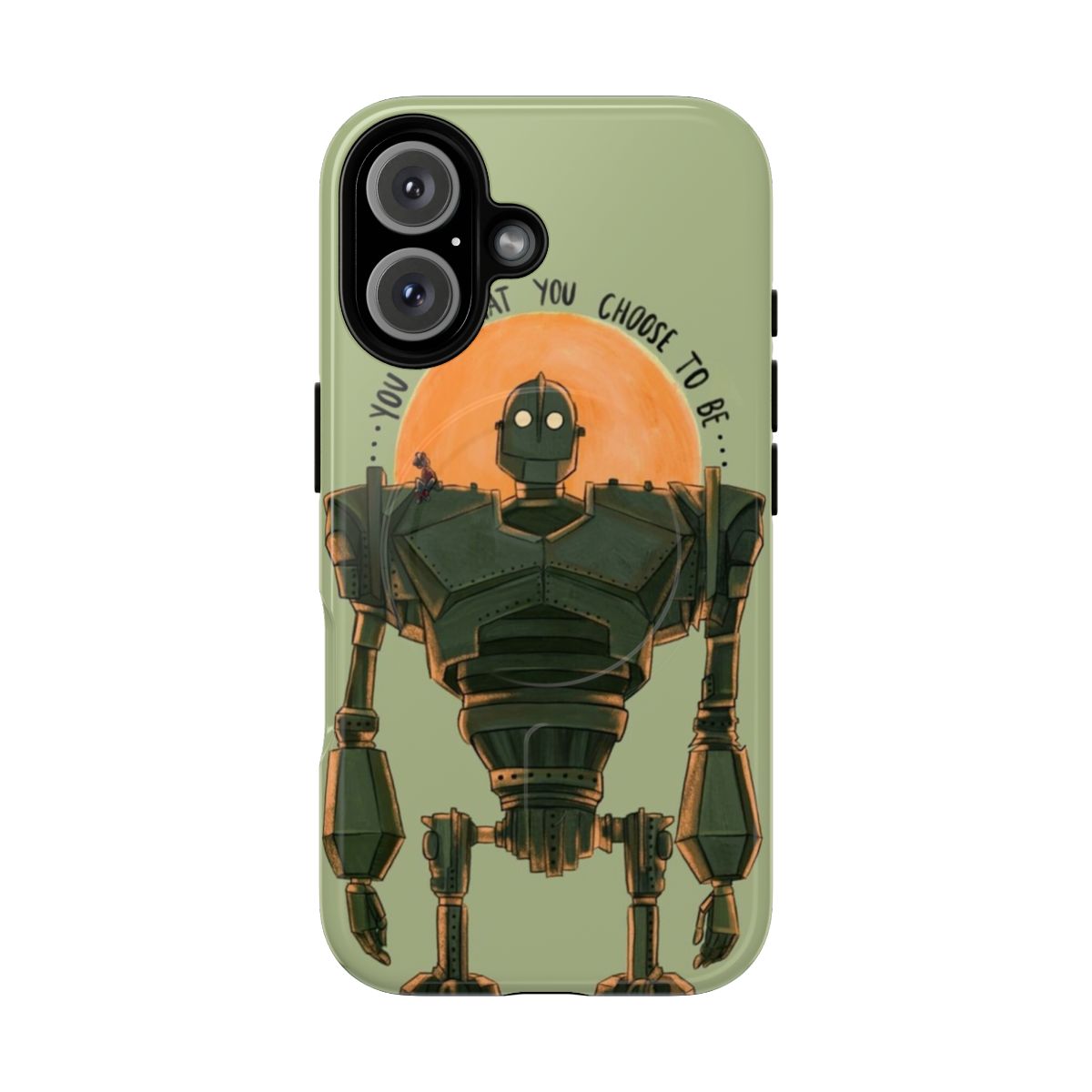 Magnetic tough phone case featuring an illustration of the Iron Giant with a movie quote