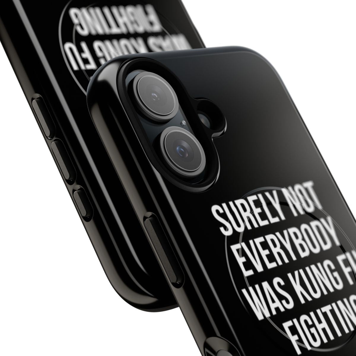 "Magnetic tough phone case with humorous 'Kung Fu Fighting' inspired graphic" - Detail