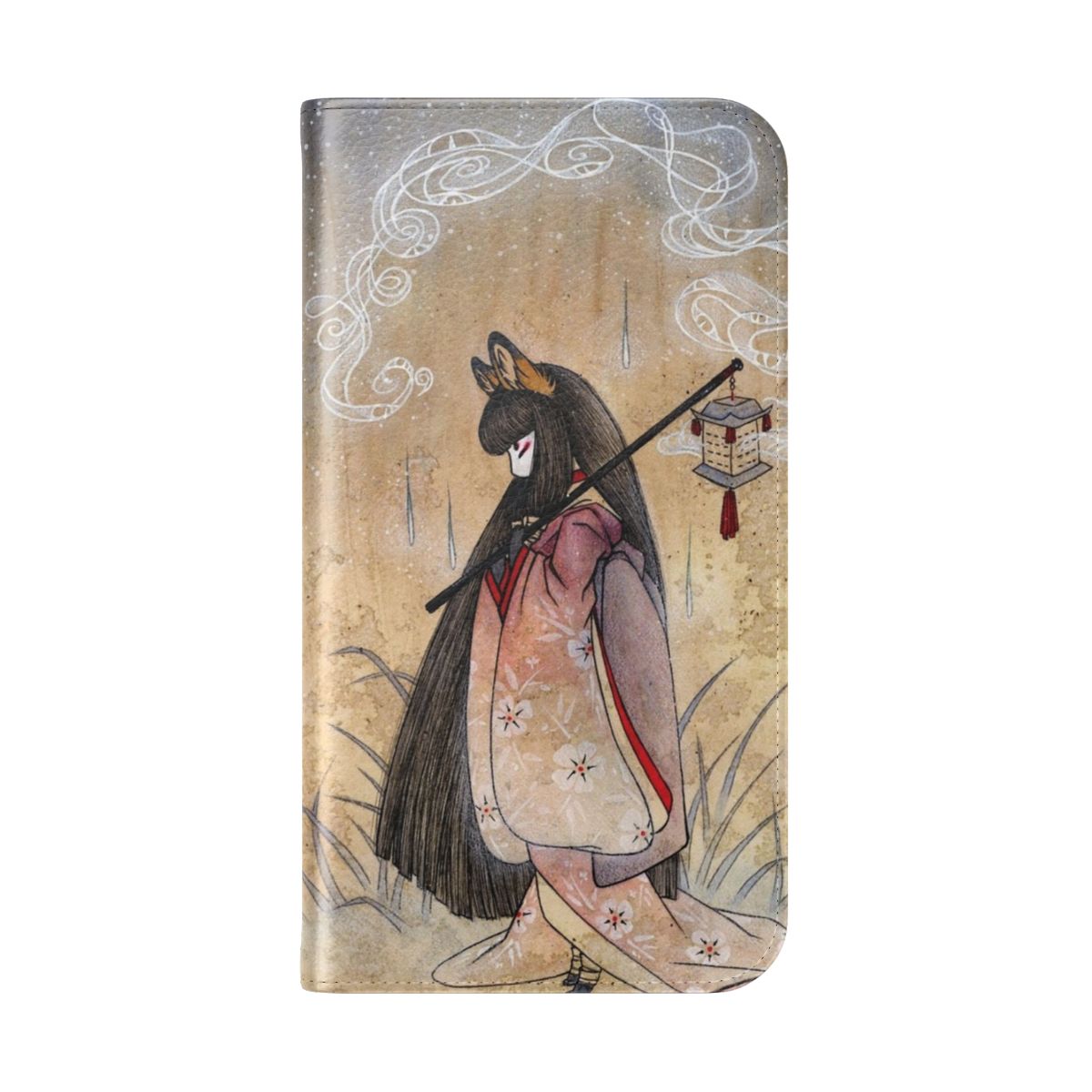 Flip phone case featuring a watercolor illustration of a kitsune (tea fox) in a kimono against a backdrop of smoke and ink splashes. - Folded Back