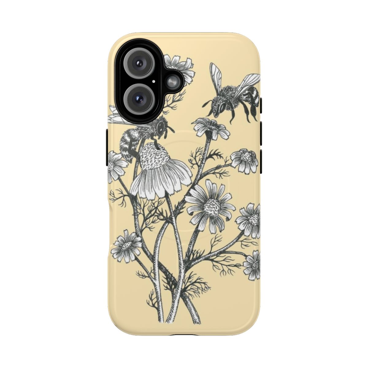 Illustrated phone case with bees and chamomile flowers on a honey-colored background