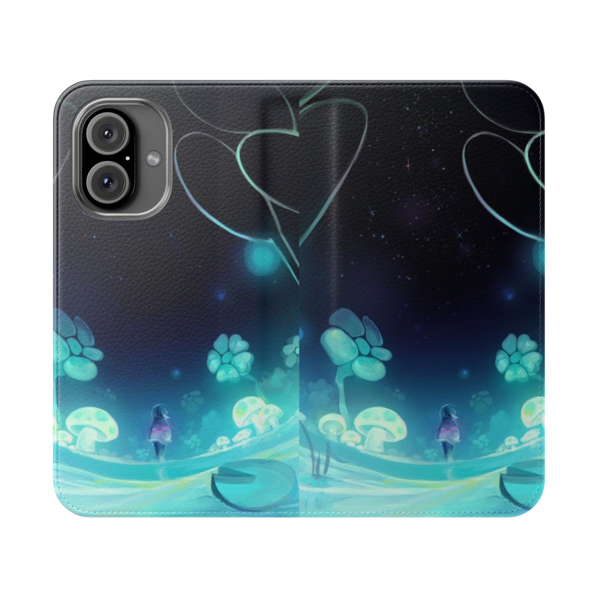 Waterfall-themed flip cover phone case with nature landscape design