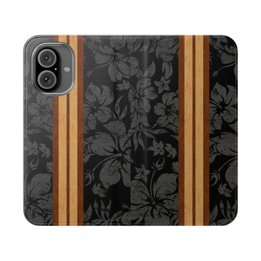 Faux koa wood phone case with a tropical surfboard design in black and gray