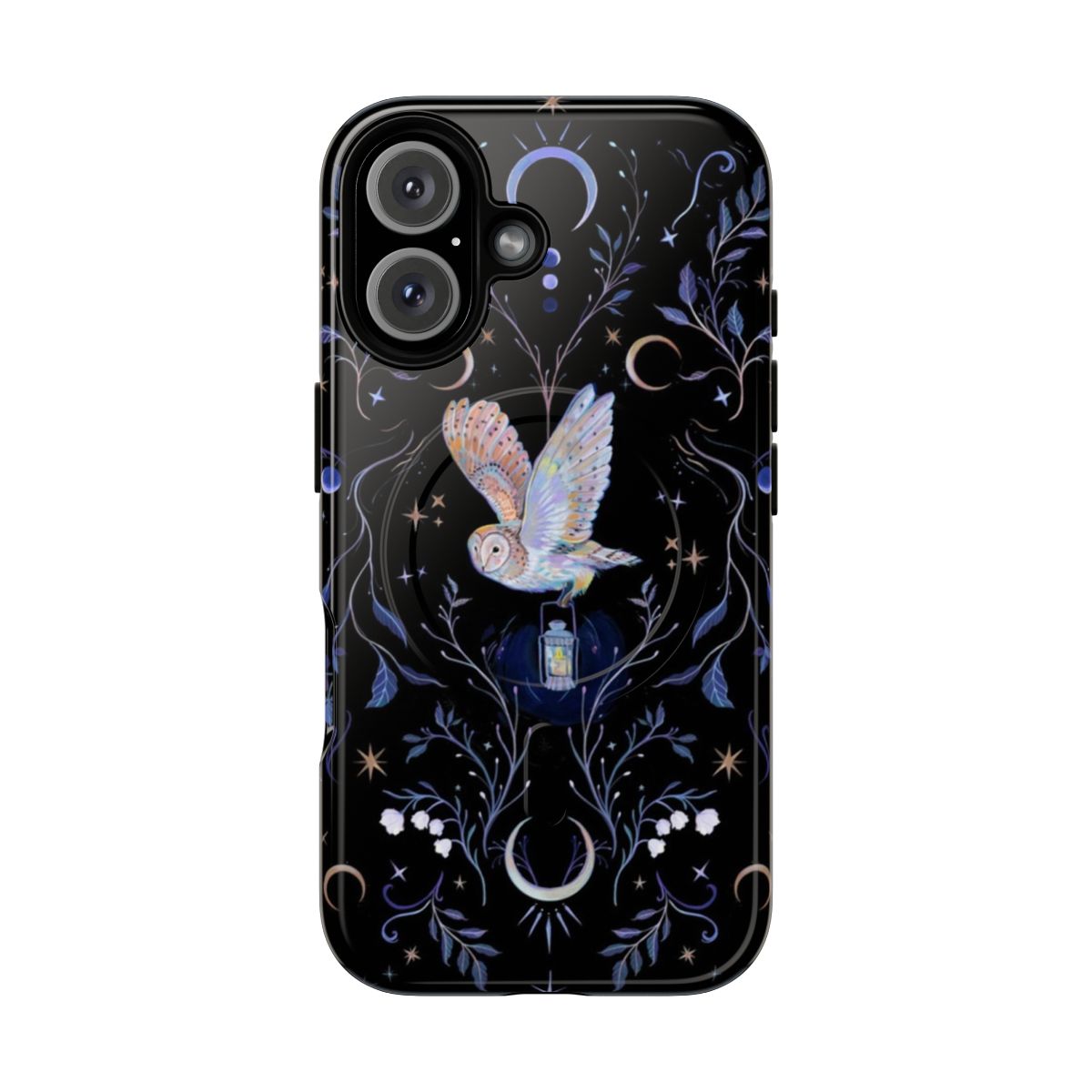 Whimsical phone case featuring a detailed illustration of an owl perched on a crescent moon against a starry night sky backdrop.