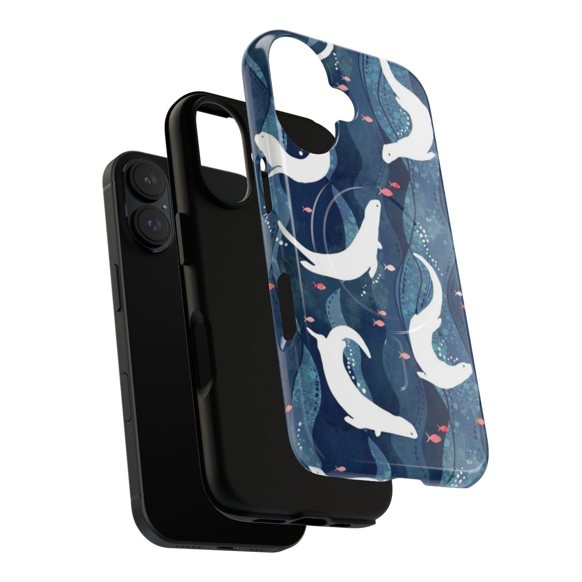 Magnetic tough phone case with a repeat pattern design of swimming otters on a navy blue background - Layers