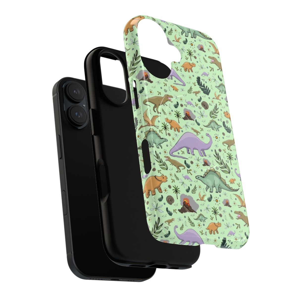 A green magnetic phone case featuring a colorful dinosaur pattern with various species like T-Rex, Triceratops, and Stegosaurus. - Layers