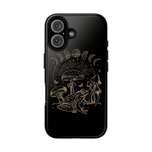 A phone case featuring a frog sitting under a mushroom, with a dark, mystical cottagecore aesthetic.