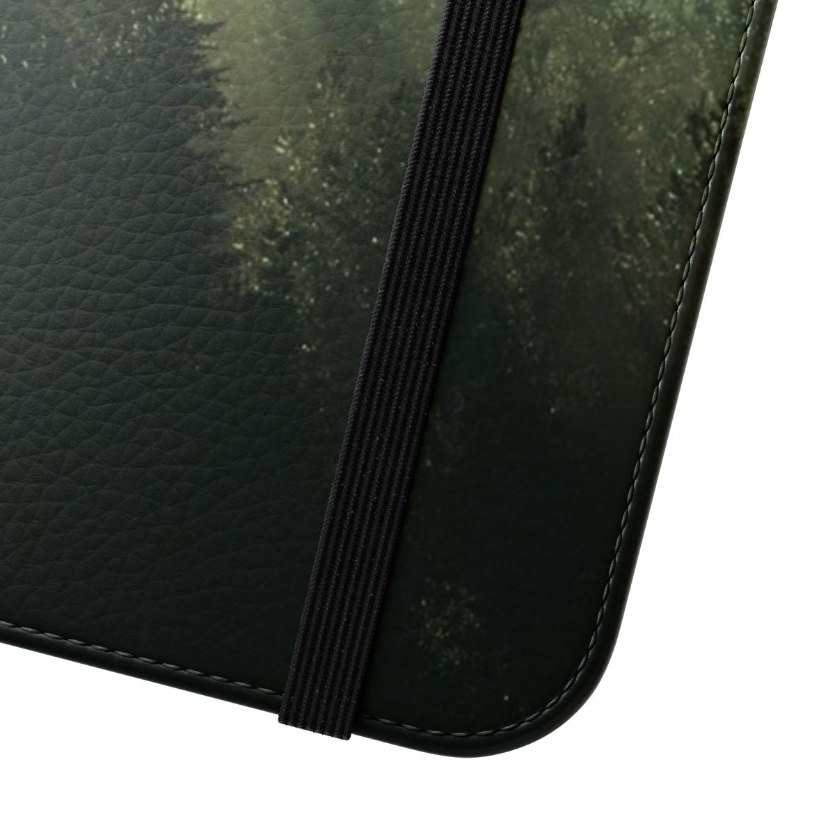 Flip cover phone case with a misty, moody forest landscape design - Close Up