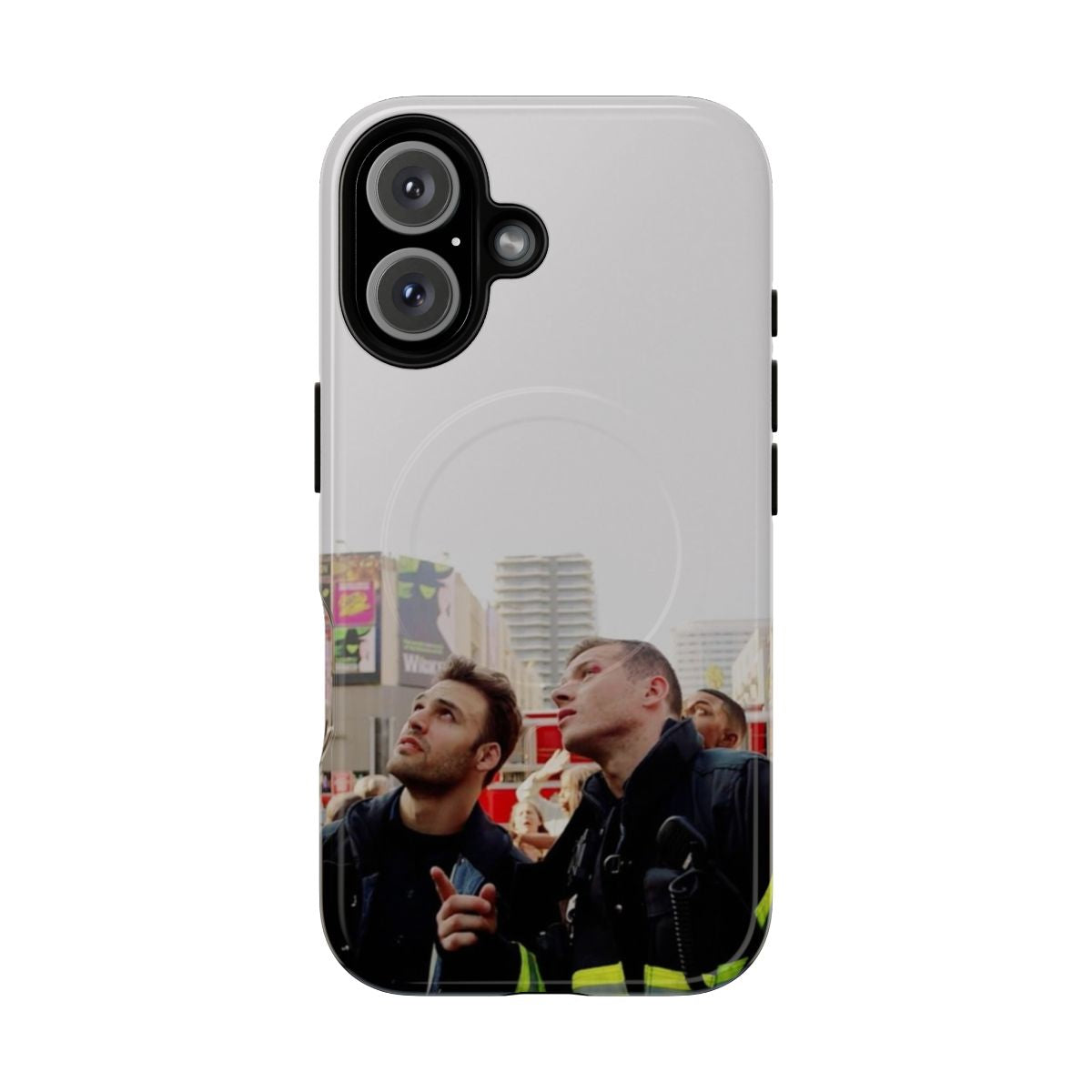 Magnetic tough phone case with 9-1-1 TV show characters Evan Buckley and Eddie Diall