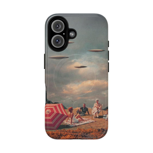 Retro sci-fi phone case with vintage digital collage design featuring Frank Moth artwork