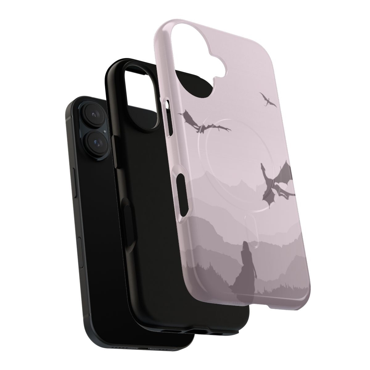 Silhouette art of Daenerys Targaryen's dragon Drogon against a pink and grey landscape on a phone case - Layers