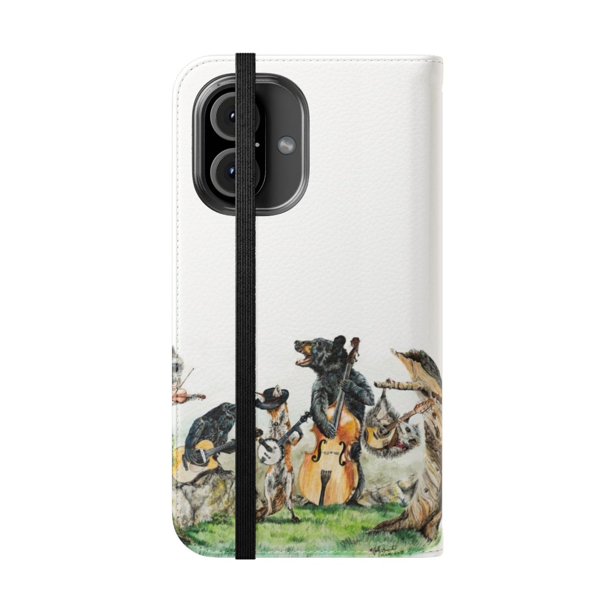 Illustration of various woodland animals and instruments on a phone case design - Folded Front