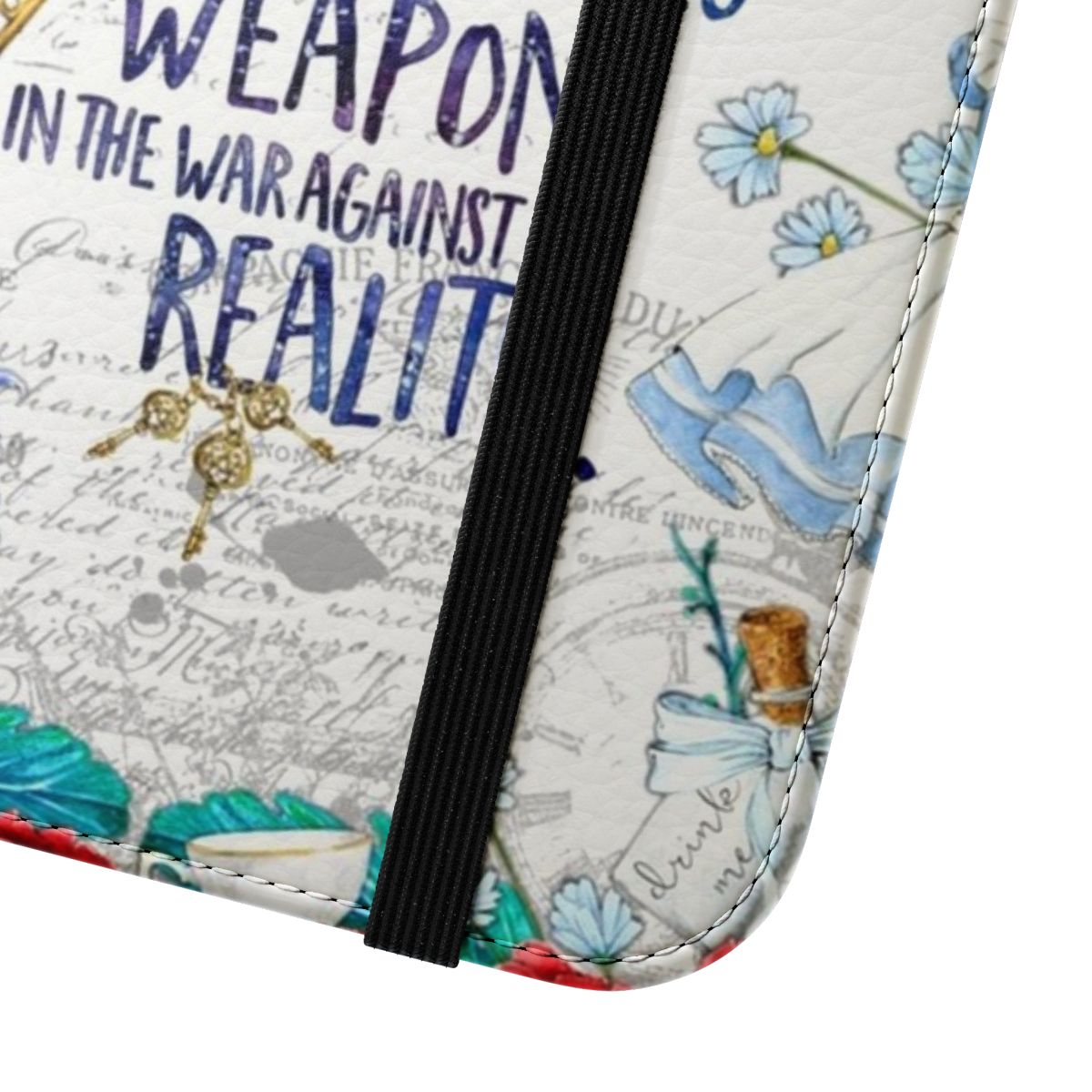 Flip cover phone case with Alice in Wonderland inspired design - Close Up