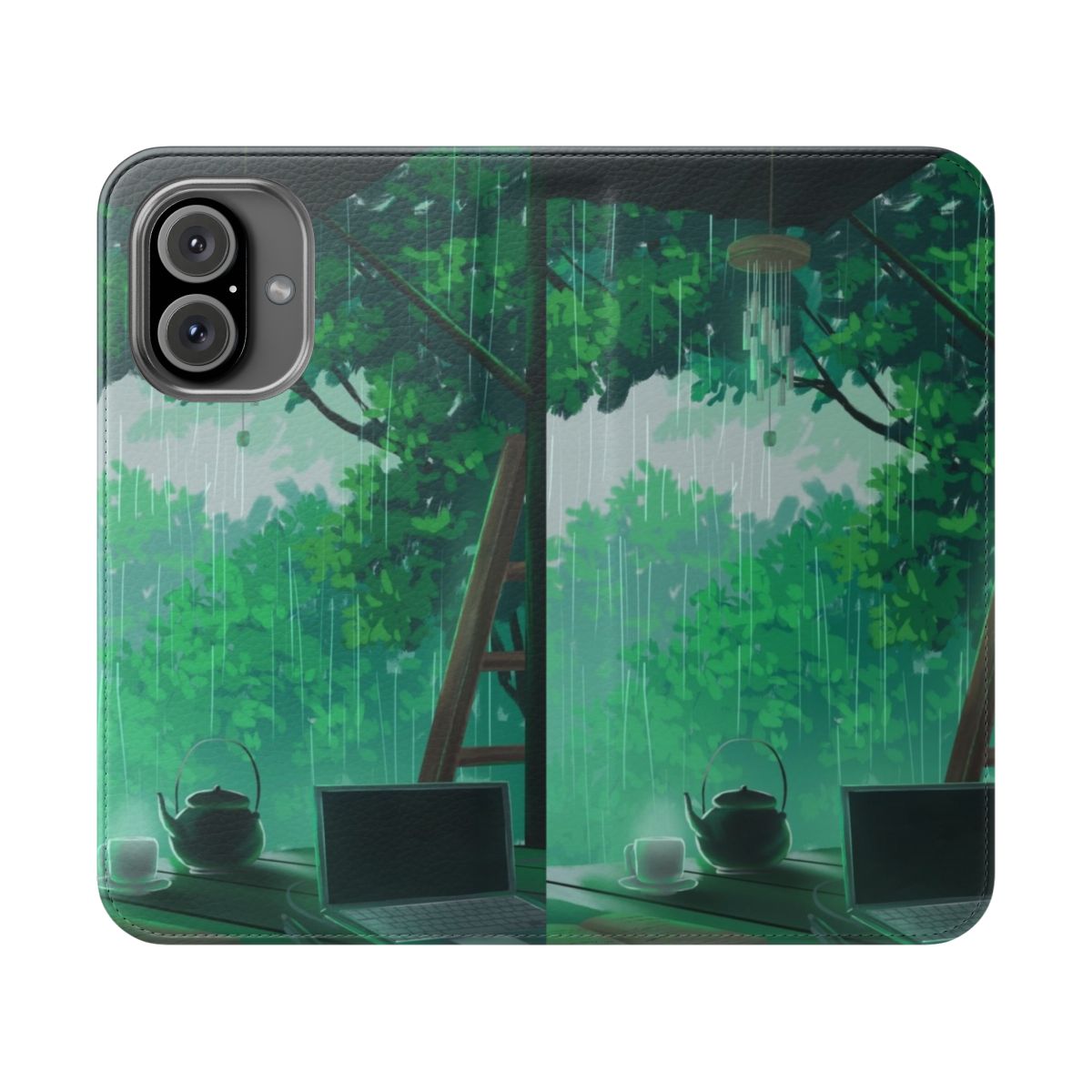 Flip cover phone case with a peaceful storm and nature landscape design