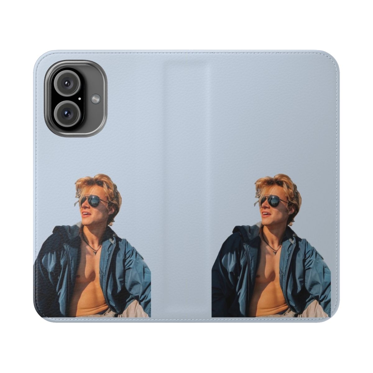 Outer Banks-themed flip cover phone case with Rudy Pankow character design