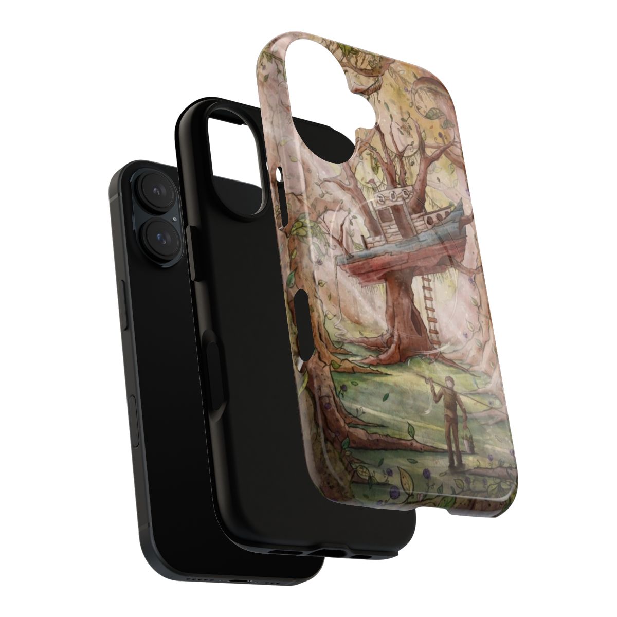 A magnetic phone case featuring a fisherman in a forest setting with trees and sunlight - Layers