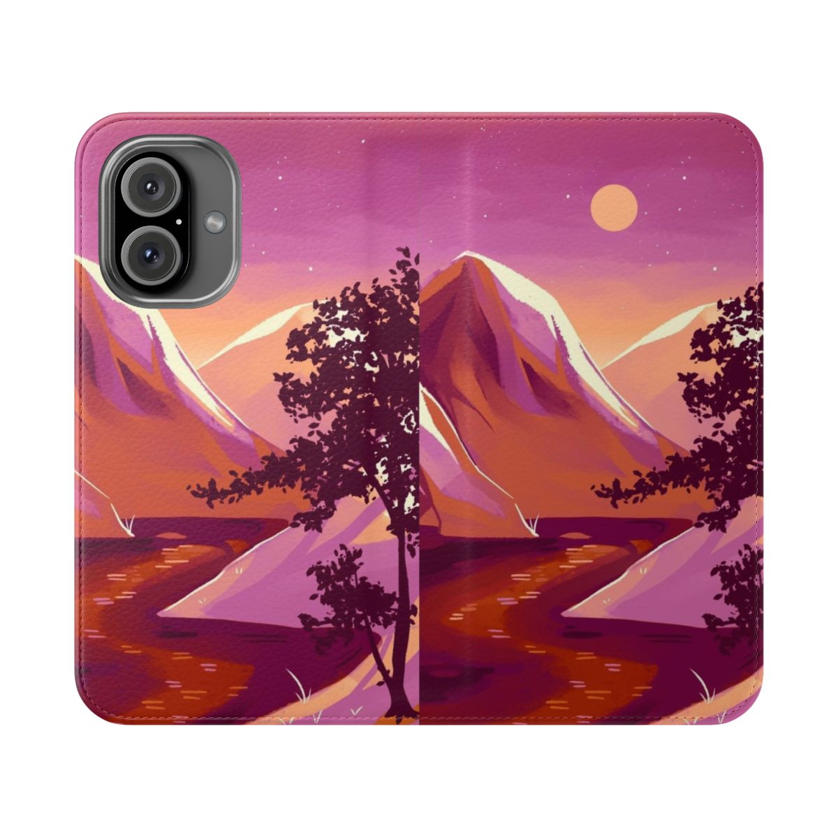 Colorful phone case cover featuring a mountain landscape and lesbian pride design.