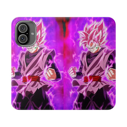 Black and pink anime-inspired flip phone case featuring a powerful character