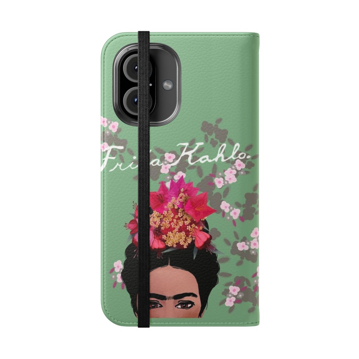 Colorful floral and face design phone case inspired by the iconic Mexican artist Frida Kahlo - Folded Front