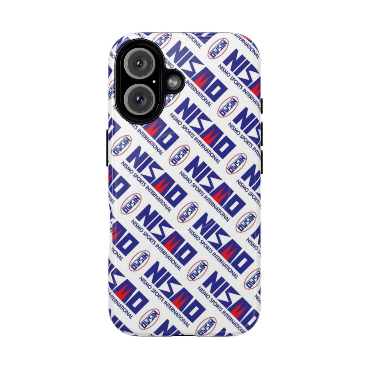 Tough magnetic phone case with classic NISMO-inspired box print design for Nissan enthusiasts.