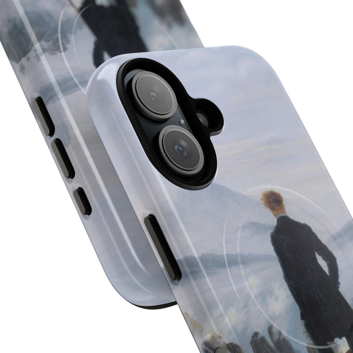 Caspar David Friedrich's famous 19th century oil painting "The Wanderer Above the Sea of Fog" featured on a high-quality phone case. - Detail