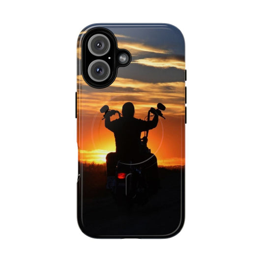 Motorcycle silhouette against a vibrant sunset sky on a durable phone case.