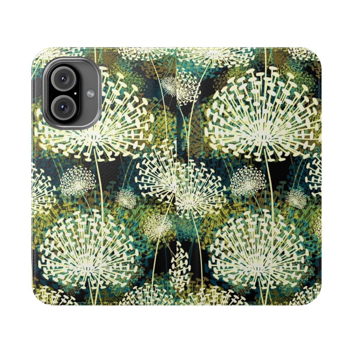 Closeup of a phone case cover featuring a vintage-style dandelion floral pattern in shades of blue, green, and white.