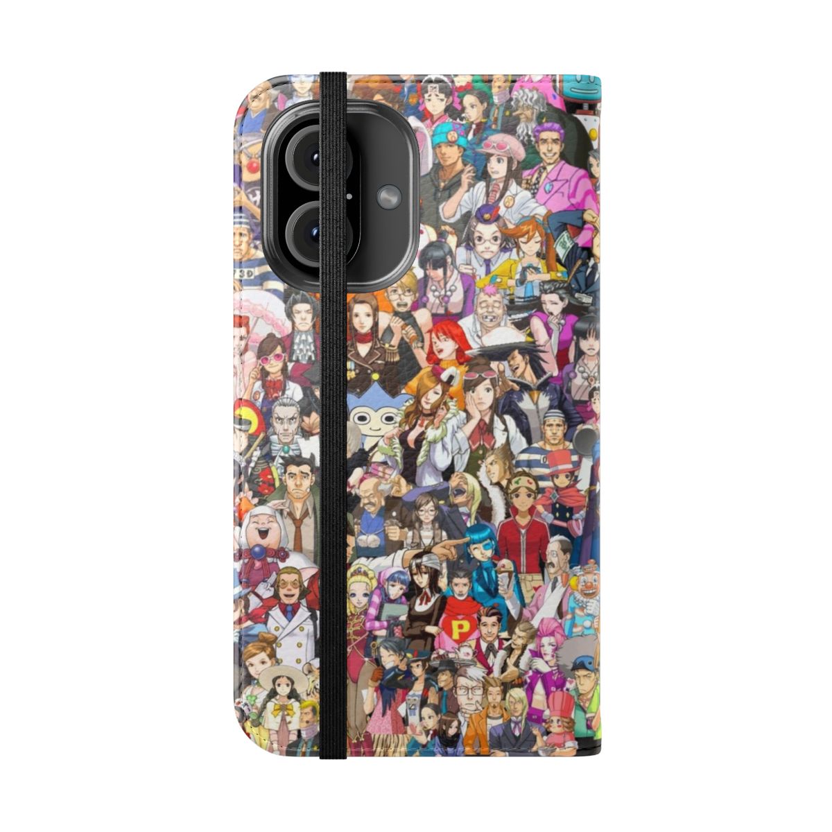 Ace Attorney-inspired flip cover phone case featuring iconic characters and legal themes - Folded Front