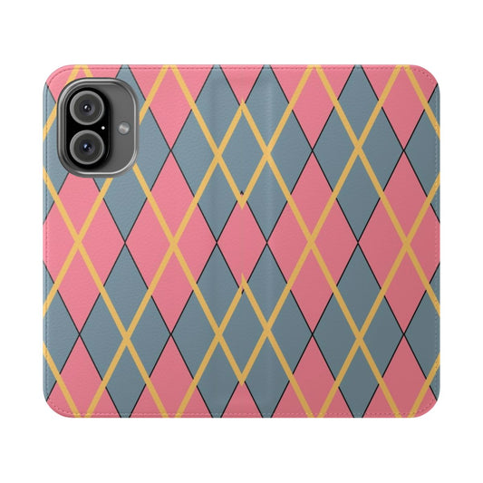 Whimsical argyle-patterned flip cover phone case with large print design, inspired by the Studio Ghibli film Howl's Moving Castle.