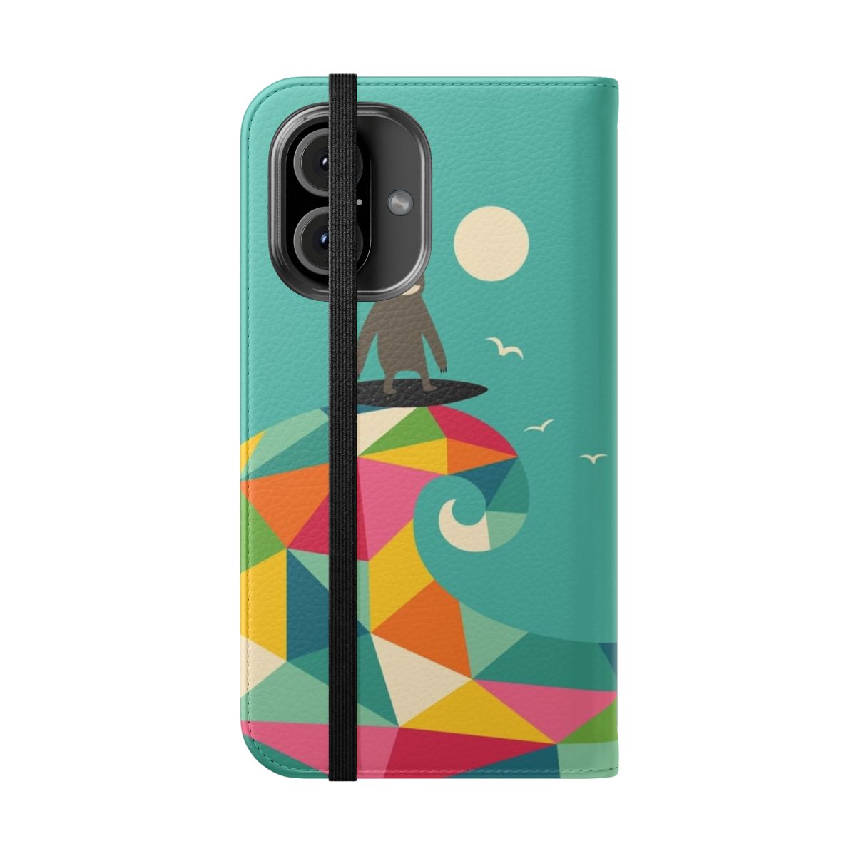 Colorful geometric phone case design featuring a sloth surfing a wave - Folded Front