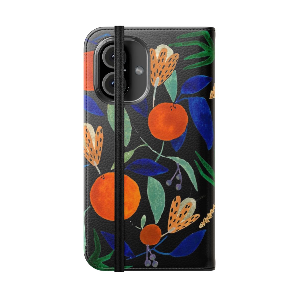 Closeup of an orange botanical pattern phone case with palm trees and flowers - Folded Front