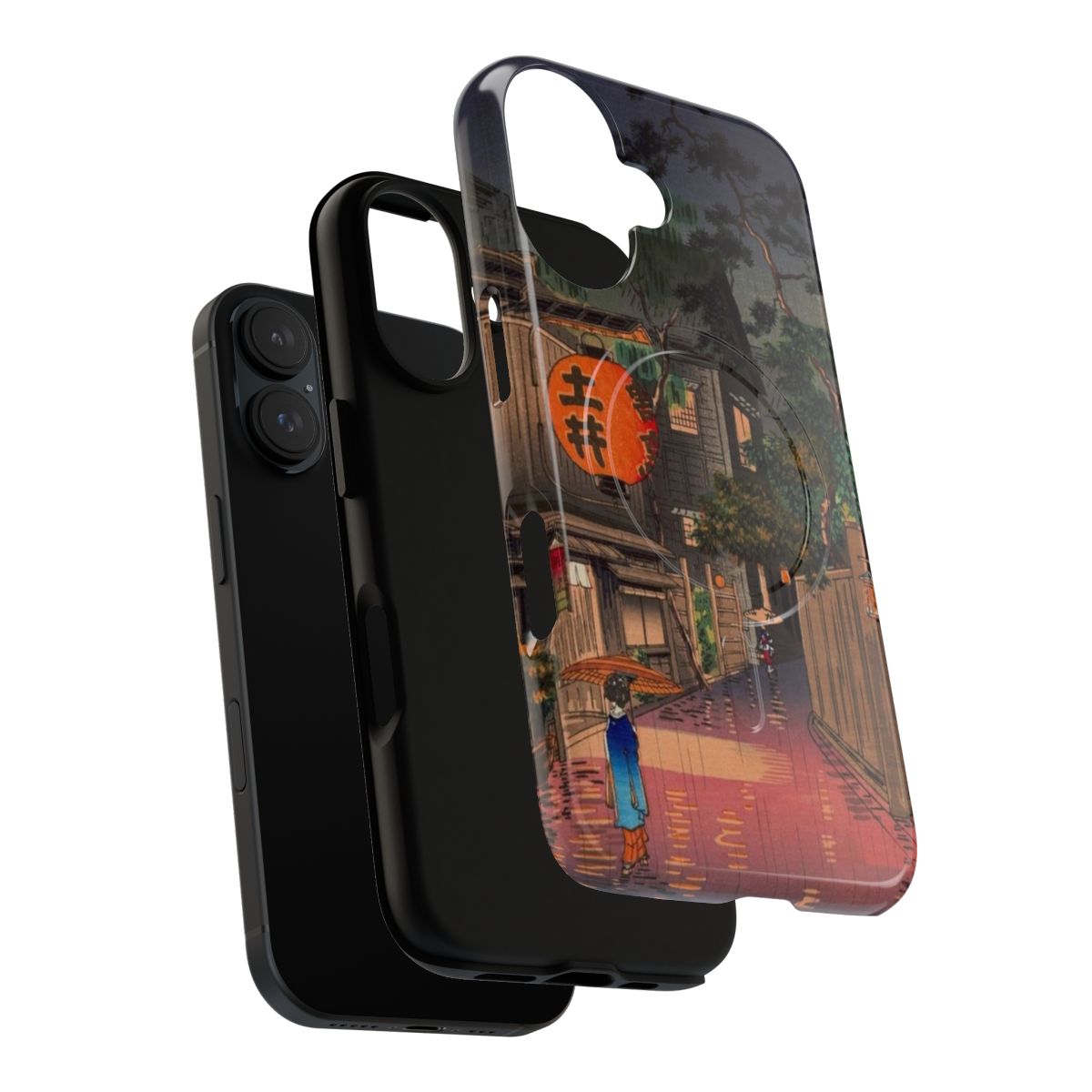 A phone case featuring a rainy night street scene in the Japanese artistic style of ukiyo-e wood block prints. - Layers