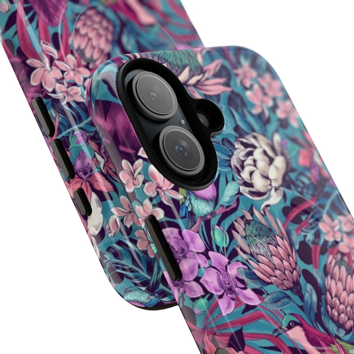 Vibrant and colorful phone case with a magnetic design, featuring tropical and exotic plant and animal motifs. - Detail