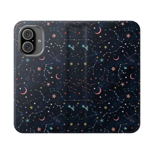 Starry sky design phone case featuring planets, moons, and shooting stars