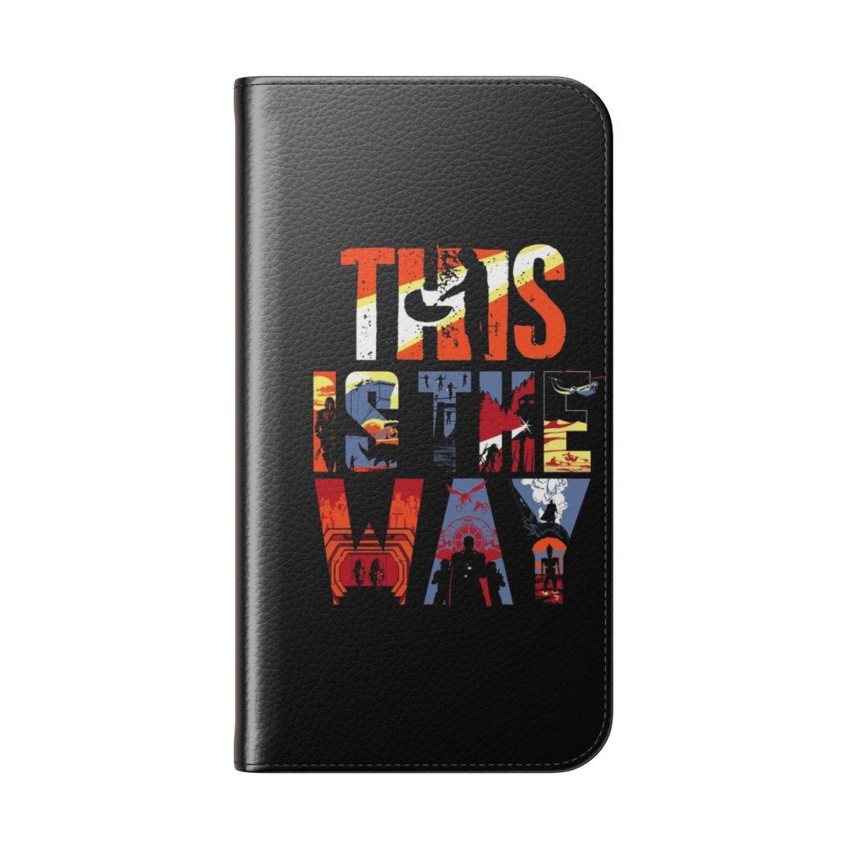 Stylish sci-fi inspired flip cover phone case with Mandalorian, Star Wars, and futuristic elements - Folded Back