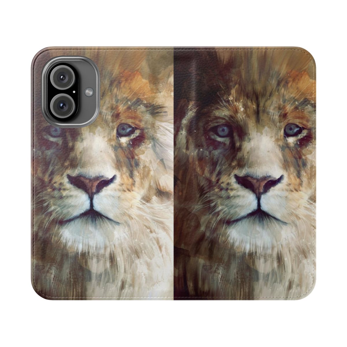 Artistic watercolor and ink illustration of a majestic lion on a protective flip phone case.