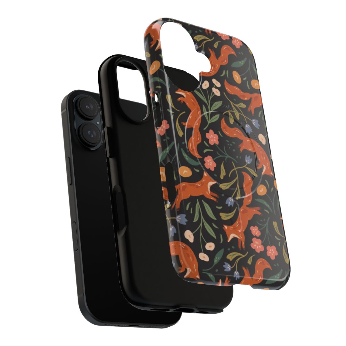 Artistic illustration of a fox frolicking in a field of colorful flowers, displayed on a phone case. - Layers