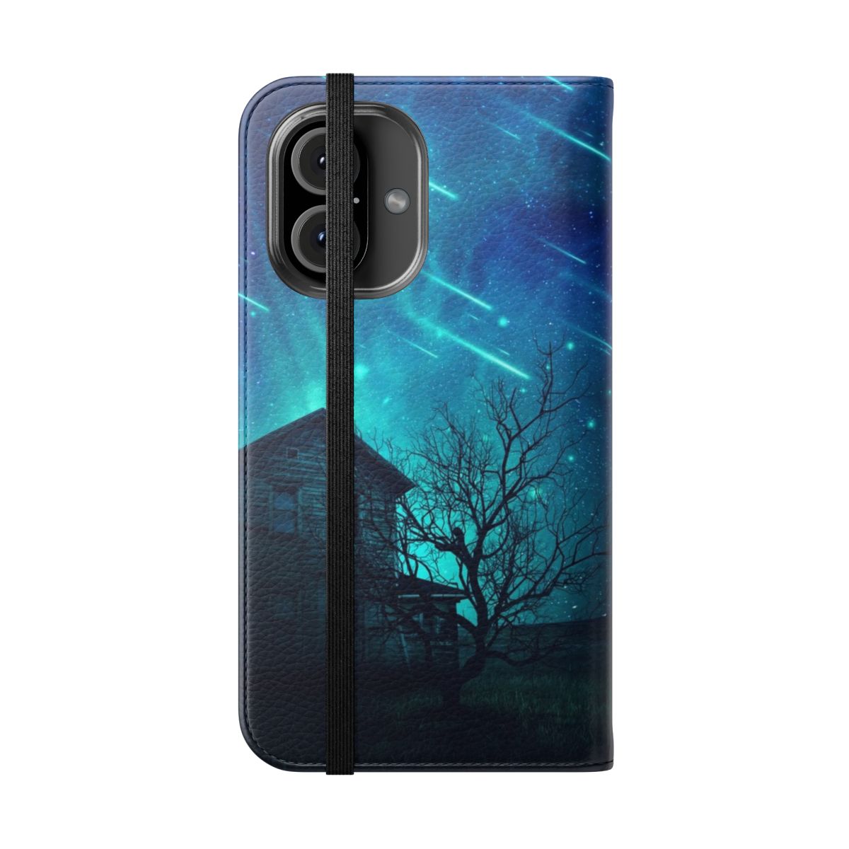 Haunted house ghost phone case with dark night sky and stars - Folded Front