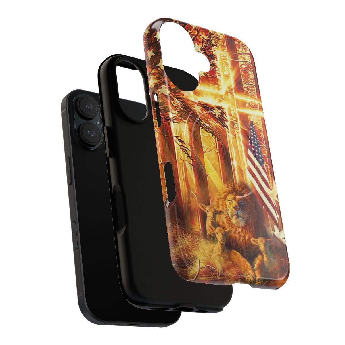 Inspirational Christian phone case with biblical designs of the Lion of Judah and Lamb of God. - Layers