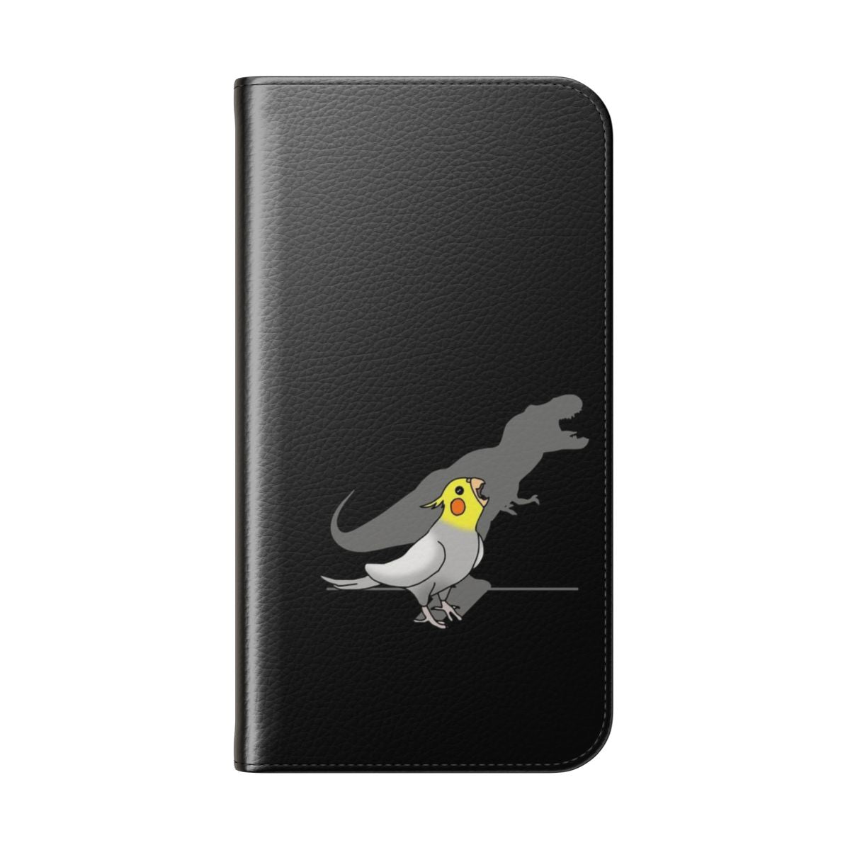 Dinosaur shadow silhouette with a cute cockatiel or parrot bird perched on it, creating a humorous and eye-catching phone case design. - Folded Back