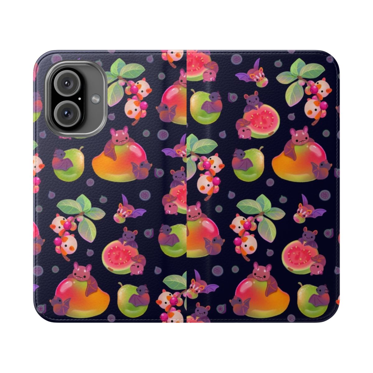 Tropical fruit bat design on a dark flip cover phone case