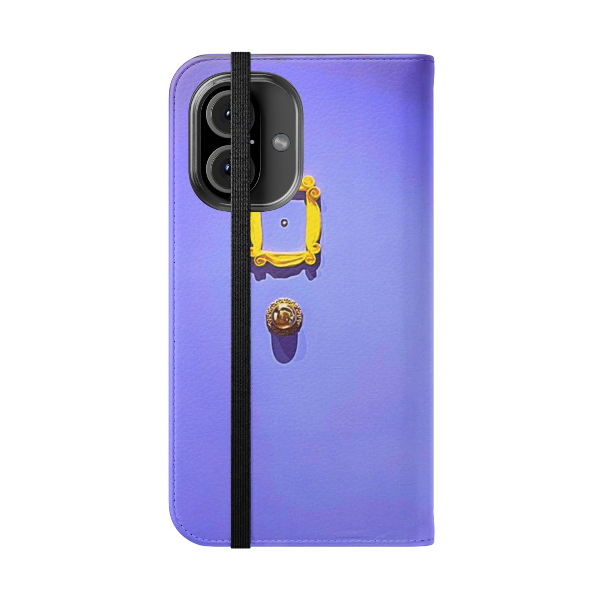 Vibrant purple and yellow phone case with a door-inspired design, perfect for fans of pop culture and New York City living. - Folded Front