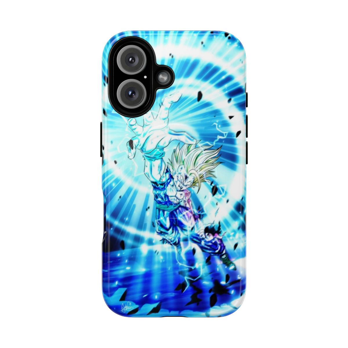 Illustrated phone case featuring teen Gohan in his Super Saiyan 2 form, battling Perfect Cell.